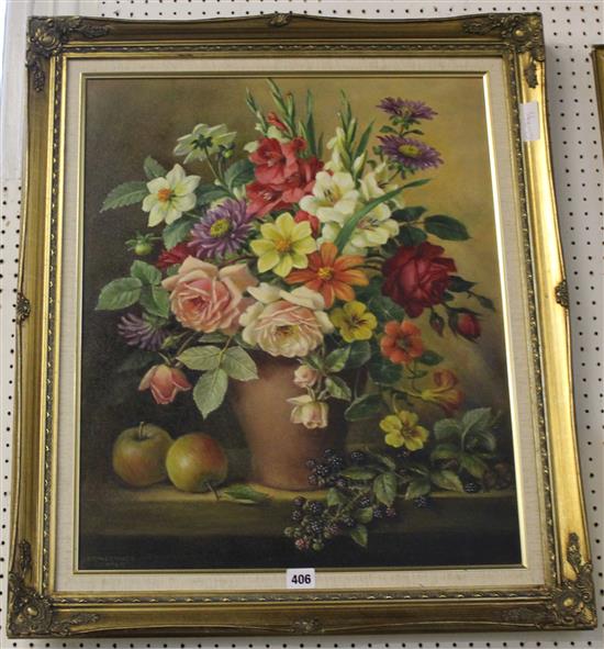 Constance Cooper, oil on canvas, Still life of a vase of flowers, apples and blackberries